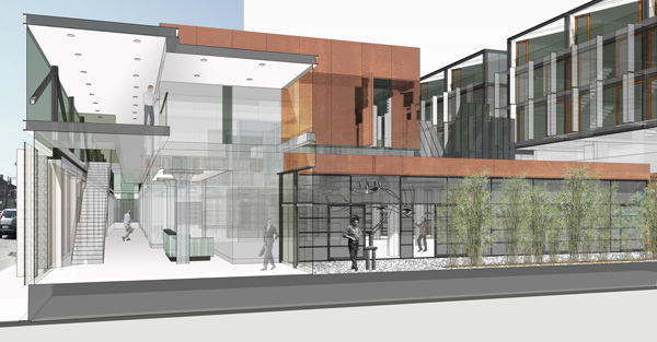Section showing the external courtyards between making spaces in the live make workspaces