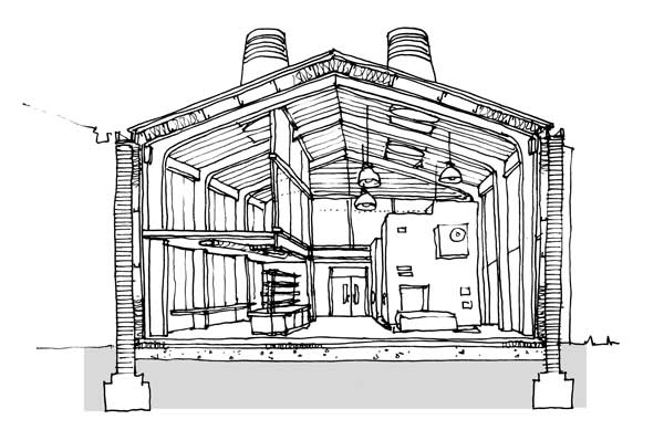 Sectional perspective drawing through production area in renovated industrial unit