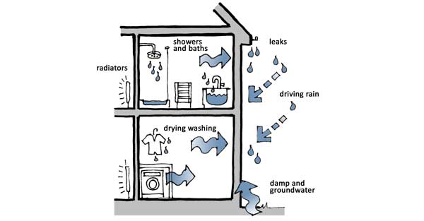 Sectional diagram showing moisture sources in building fabric