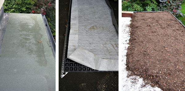 Three photographs of the green roof under construction